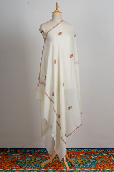 Ivory Elegance: Hand-Embroidered Sozni Merino Wool Shawl