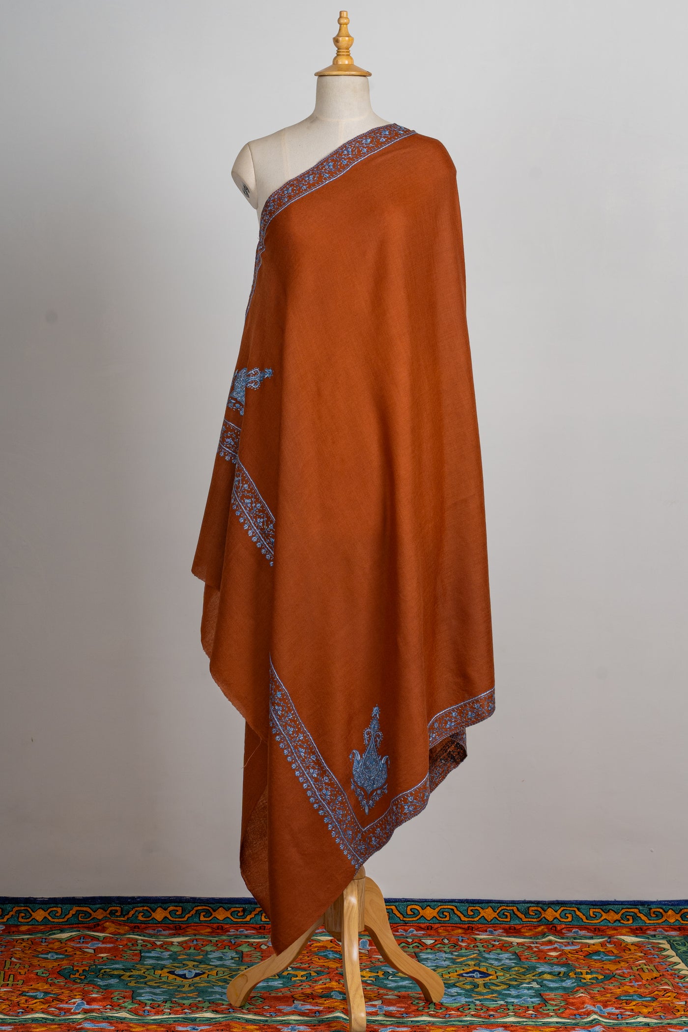 Terracotta Charm: Sozni Embroidered Merino Wool Shawl