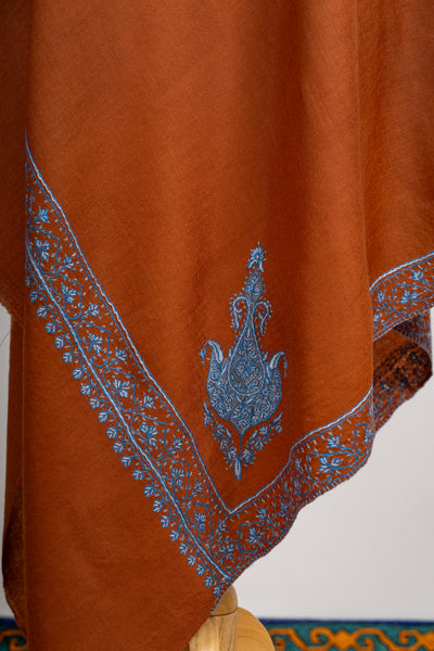 Terracotta Charm: Sozni Embroidered Merino Wool Shawl