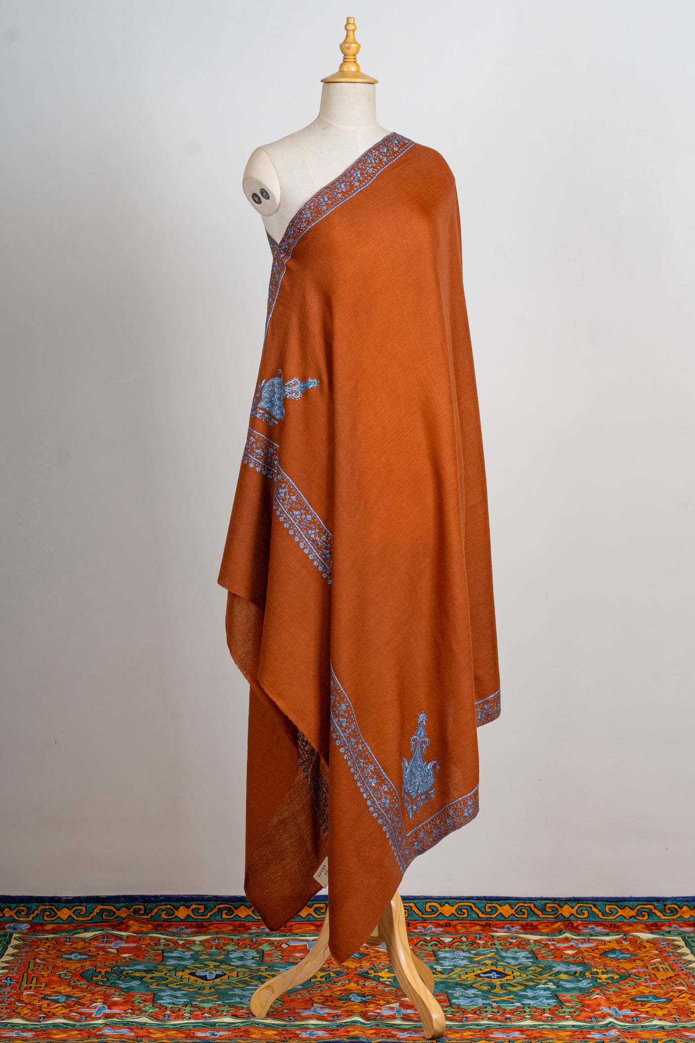 Terracotta Charm: Sozni Embroidered Merino Wool Shawl