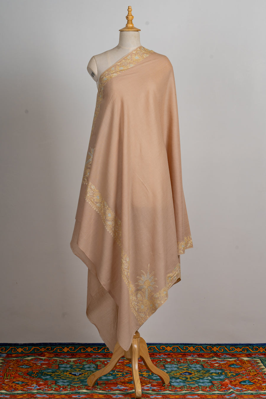 Beige Opulence: Hand-Embroidered Sozni Border Merino Wool Shawl