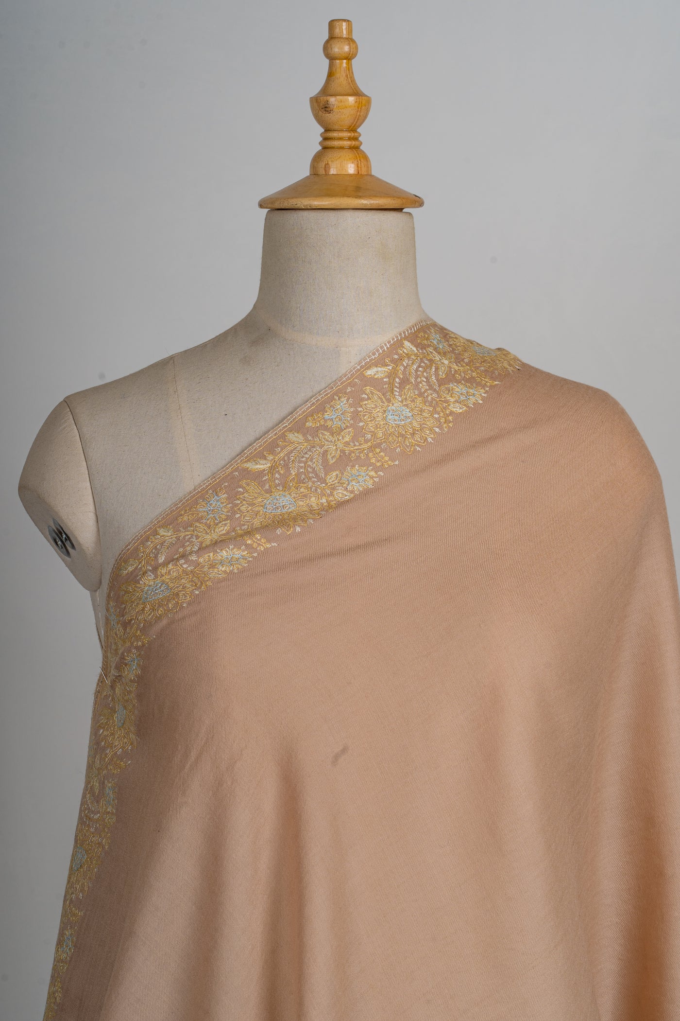 Beige Opulence: Hand-Embroidered Sozni Border Merino Wool Shawl