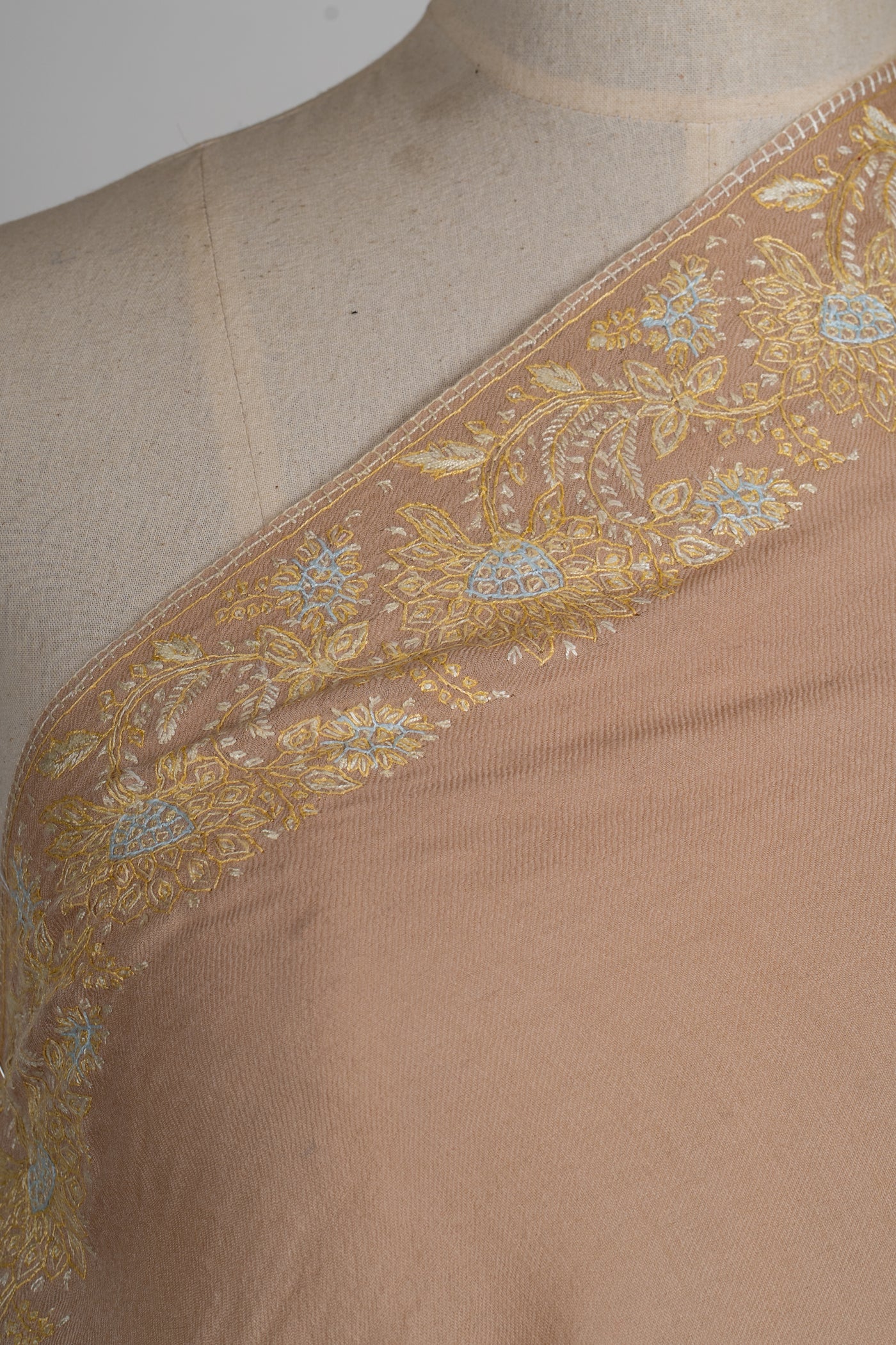 Beige Opulence: Hand-Embroidered Sozni Border Merino Wool Shawl