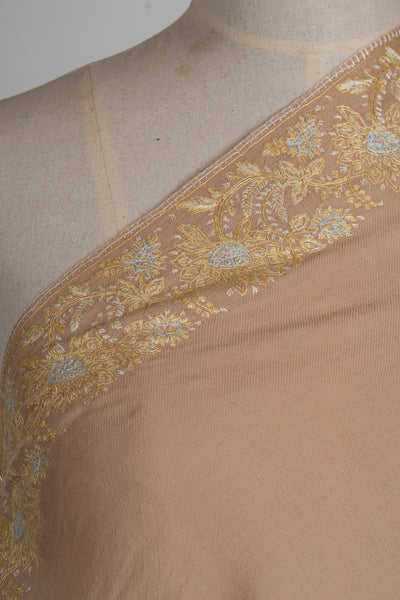 Beige Opulence: Hand-Embroidered Sozni Border Merino Wool Shawl