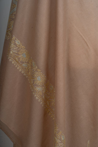 Beige Opulence: Hand-Embroidered Sozni Border Merino Wool Shawl