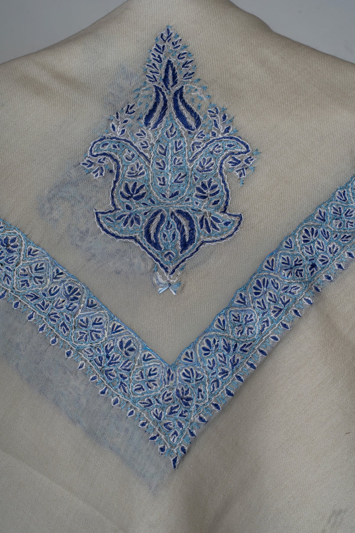 Ivory Azure Rumal — Sozni Hand Embroidered