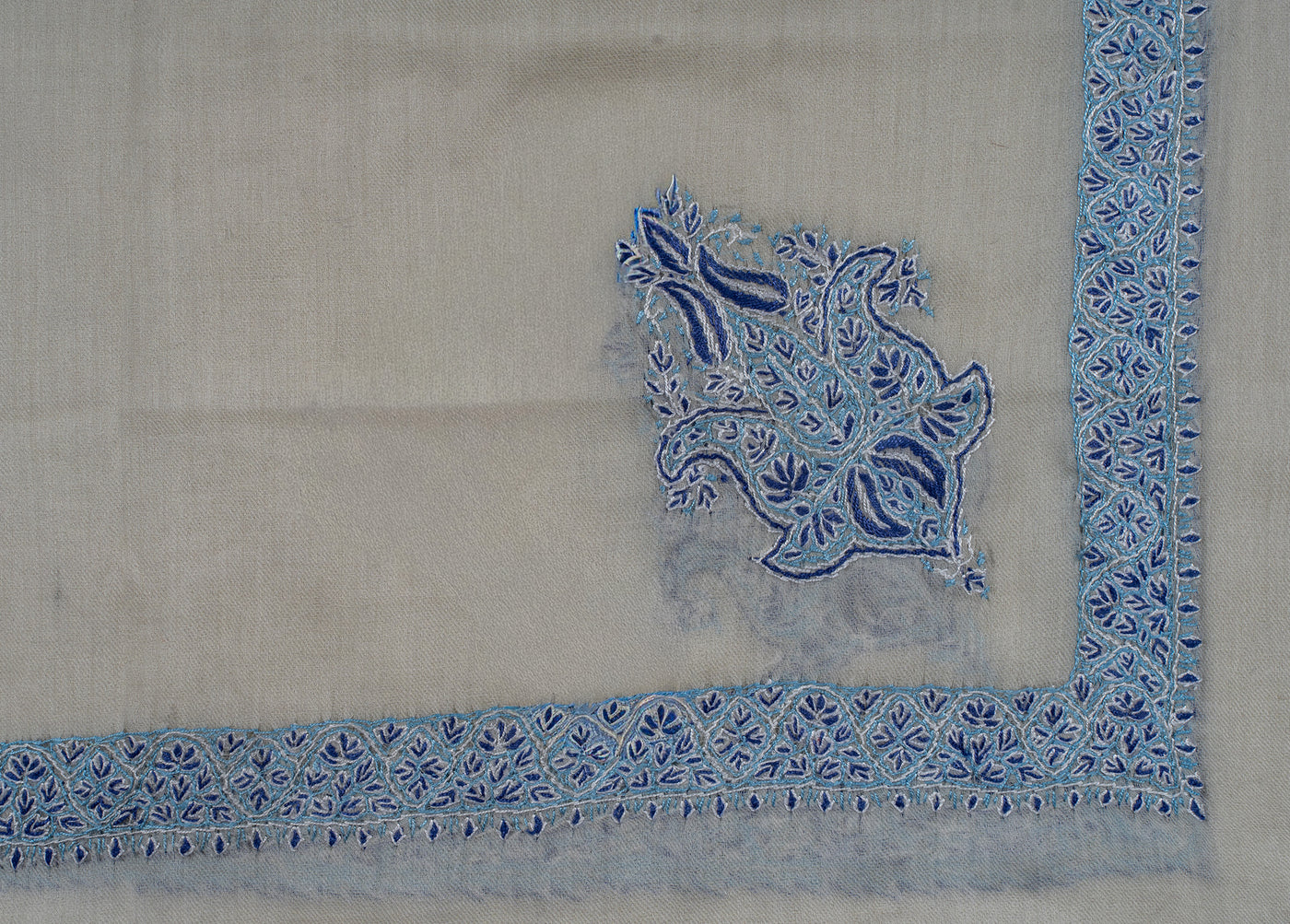 Ivory Azure Rumal — Sozni Hand Embroidered