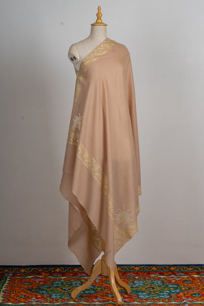 Beige Opulence: Hand-Embroidered Sozni Border Merino Wool Shawl