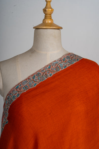 Rust Harmony: Sozni Hand-Embroidered Merino Wool Shawl