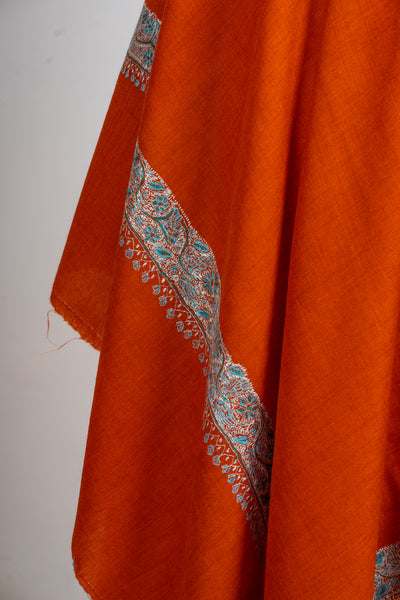 Rust Harmony: Sozni Hand-Embroidered Merino Wool Shawl