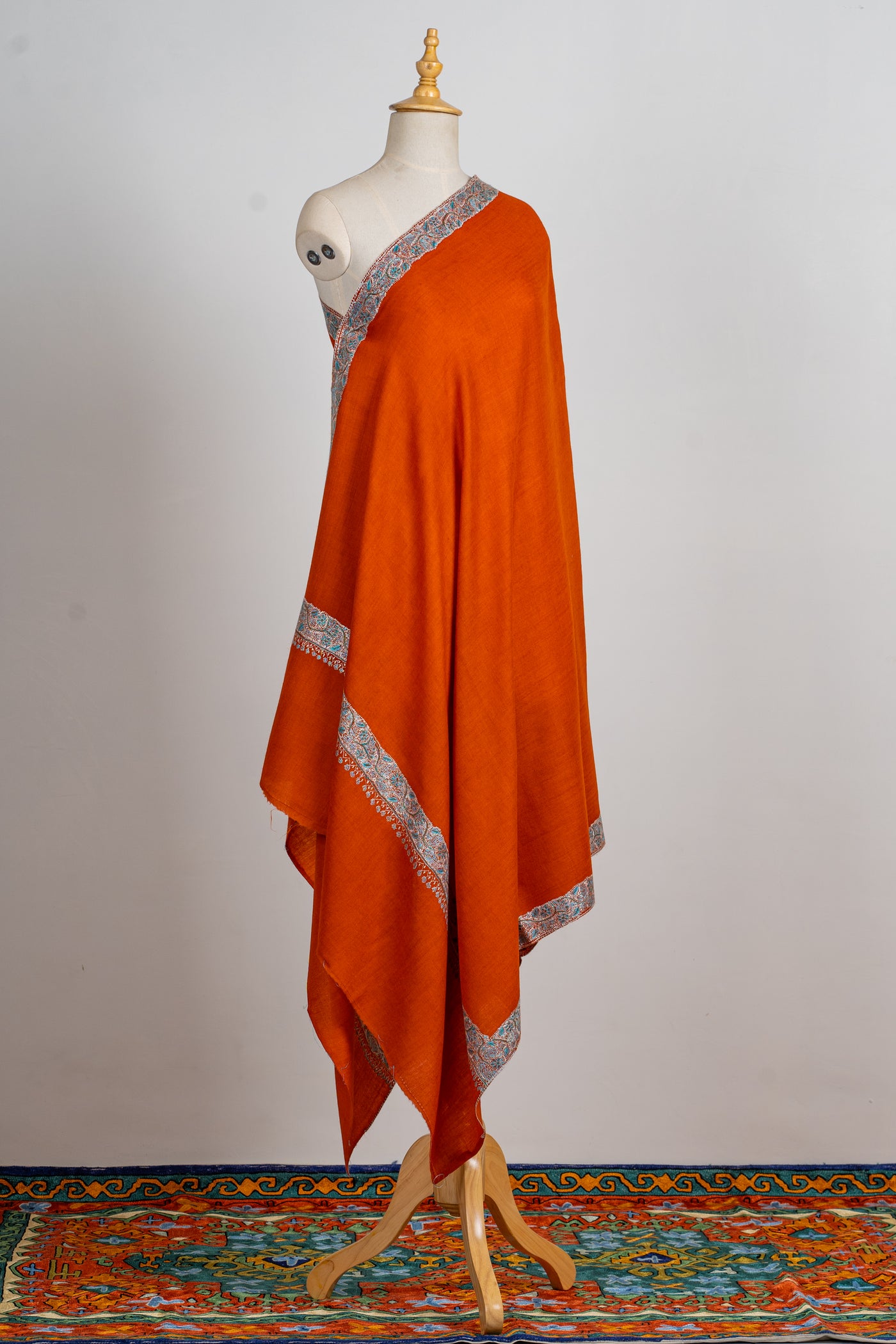 Rust Harmony: Sozni Hand-Embroidered Merino Wool Shawl