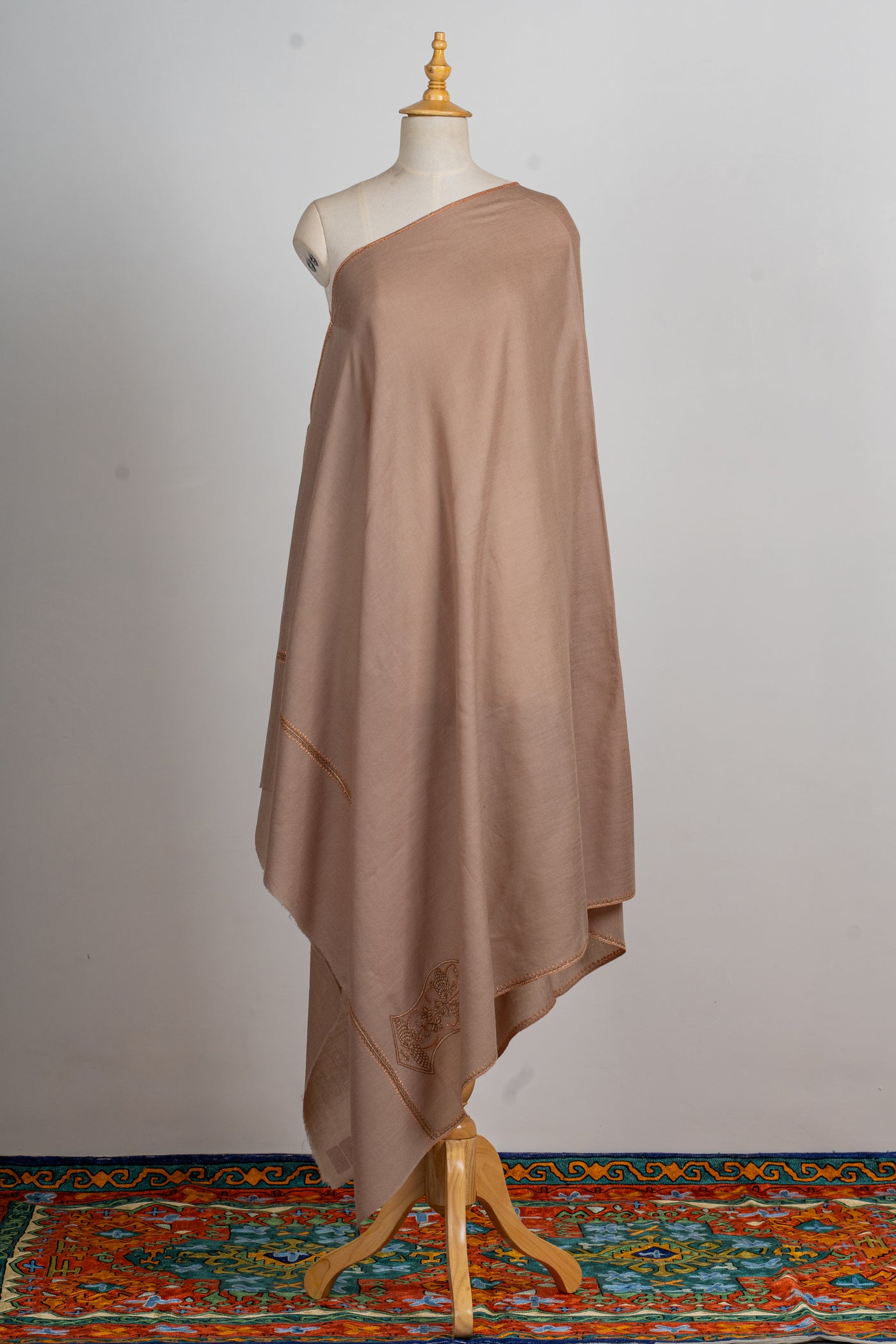 Taupe Serenity: Sozni Embroidered Merino Wool Shawl