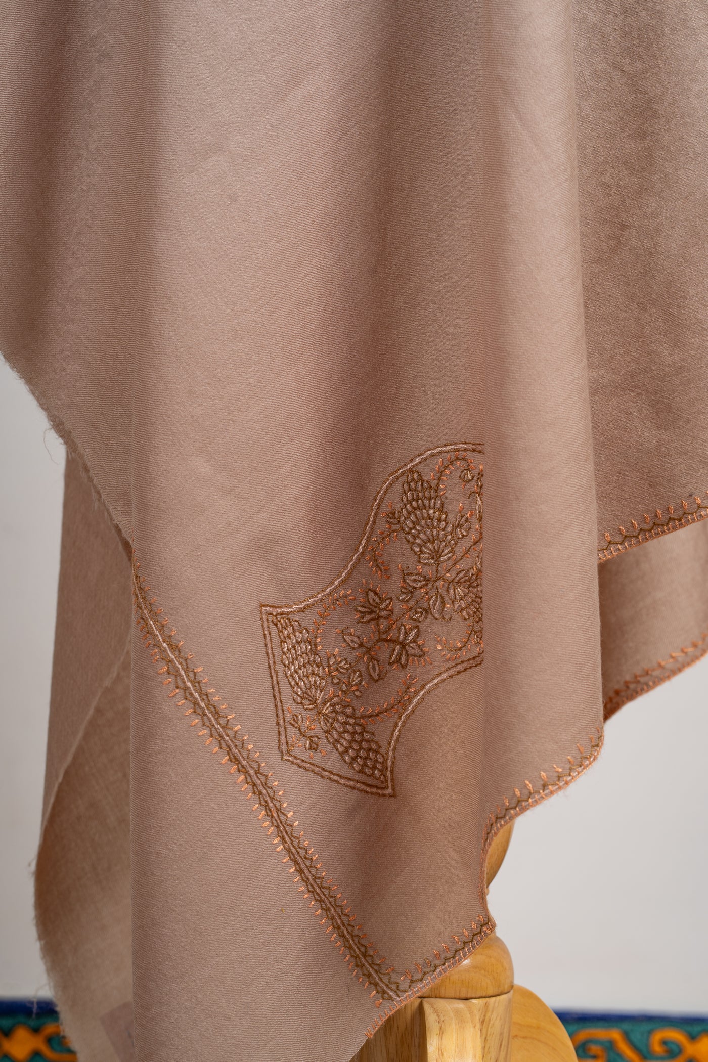 Taupe Serenity: Sozni Embroidered Merino Wool Shawl