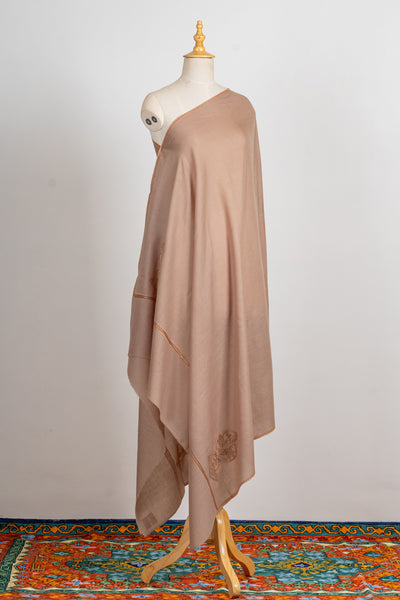 Taupe Serenity: Sozni Embroidered Merino Wool Shawl