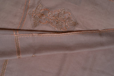 Taupe Serenity: Sozni Embroidered Merino Wool Shawl