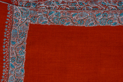 Rust Harmony: Sozni Hand-Embroidered Merino Wool Shawl