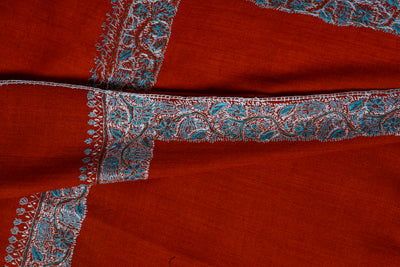 Rust Harmony: Sozni Hand-Embroidered Merino Wool Shawl