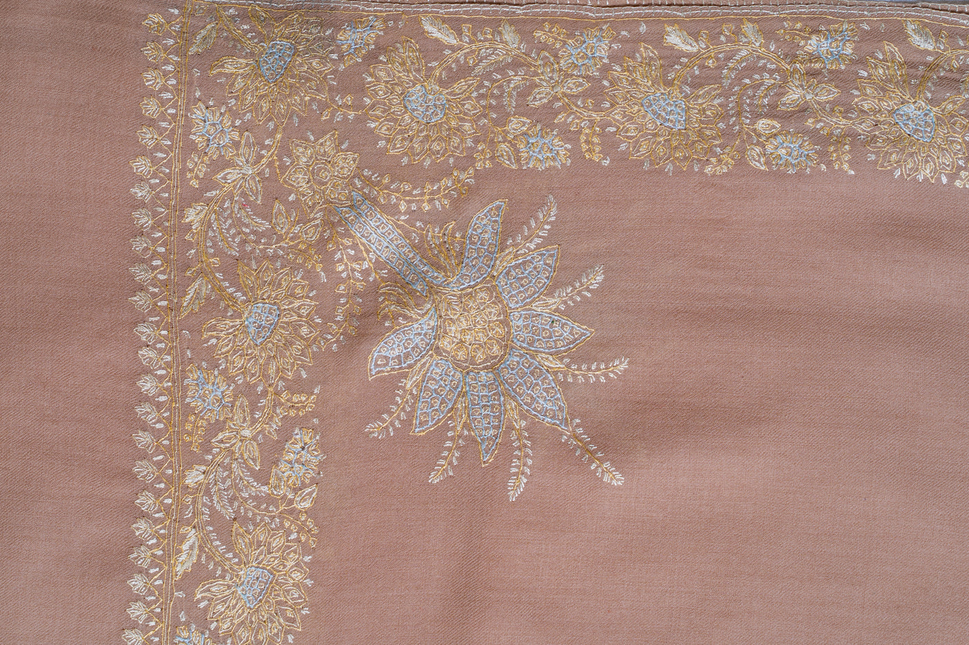 Beige Opulence: Hand-Embroidered Sozni Border Merino Wool Shawl