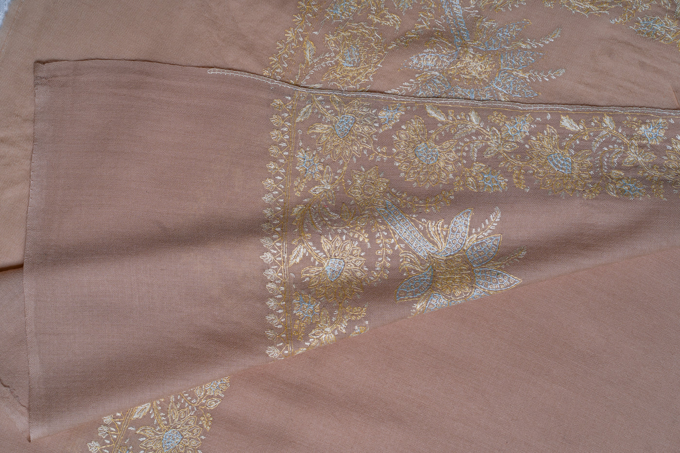 Beige Opulence: Hand-Embroidered Sozni Border Merino Wool Shawl