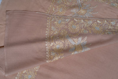 Beige Opulence: Hand-Embroidered Sozni Border Merino Wool Shawl