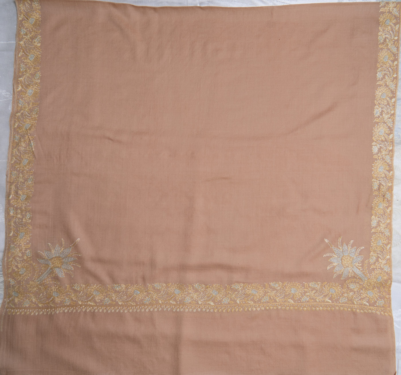 Beige Opulence: Hand-Embroidered Sozni Border Merino Wool Shawl