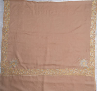 Beige Opulence: Hand-Embroidered Sozni Border Merino Wool Shawl