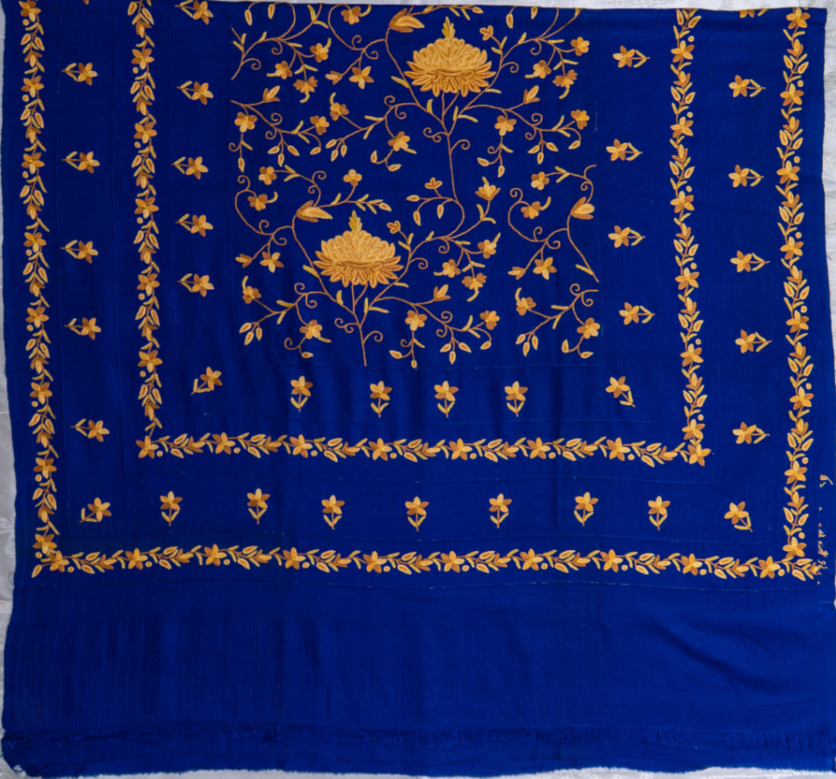 Royal Blue Splendor Aari Hand-Embroidered Merino Wool Shawl