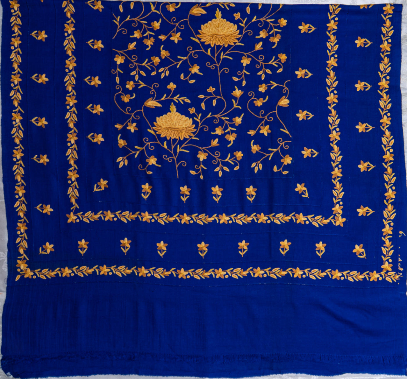 Royal Blue Splendor Aari Hand-Embroidered Merino Wool Shawl