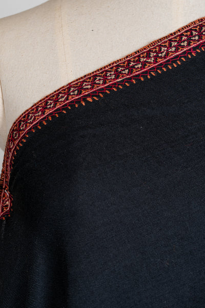 Noir Classic: Hand-Embroidered Sozni Border Merino Wool Shawl