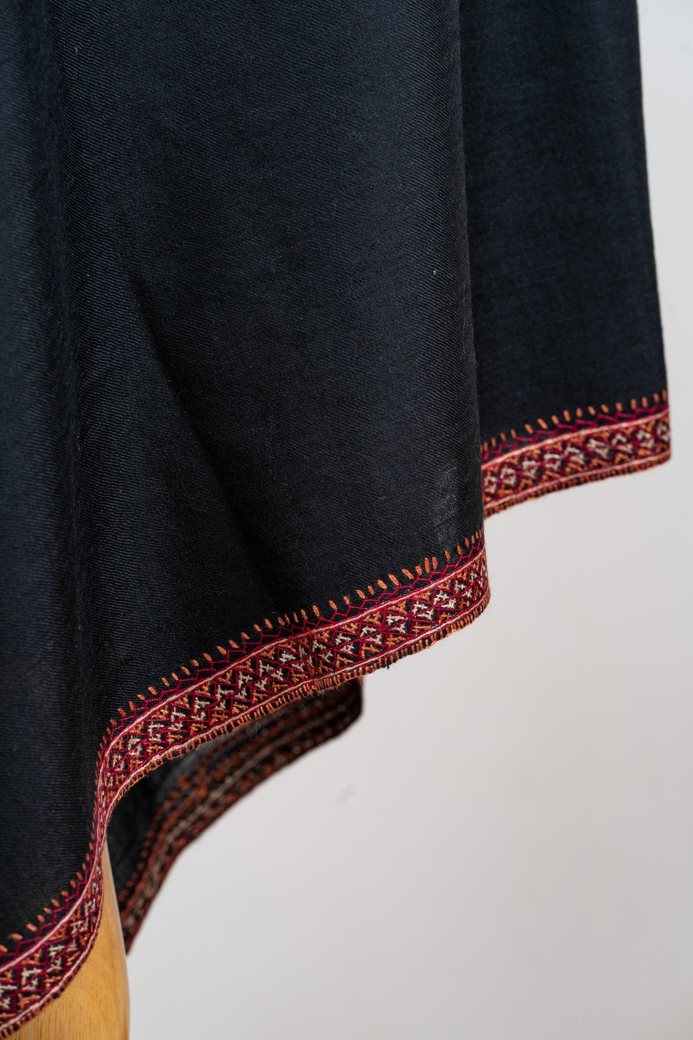 Noir Classic: Hand-Embroidered Sozni Border Merino Wool Shawl