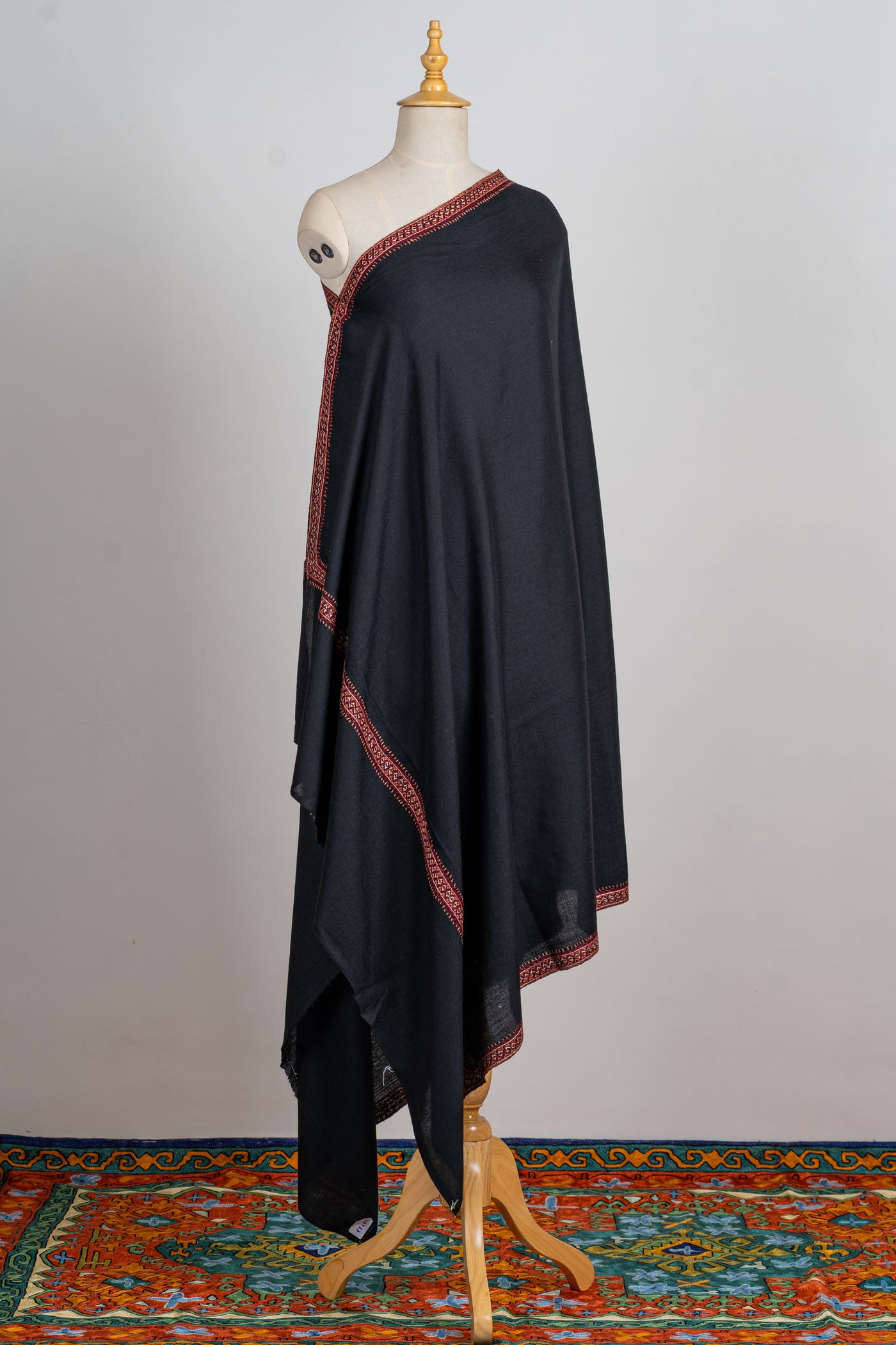 Noir Classic: Hand-Embroidered Sozni Border Merino Wool Shawl