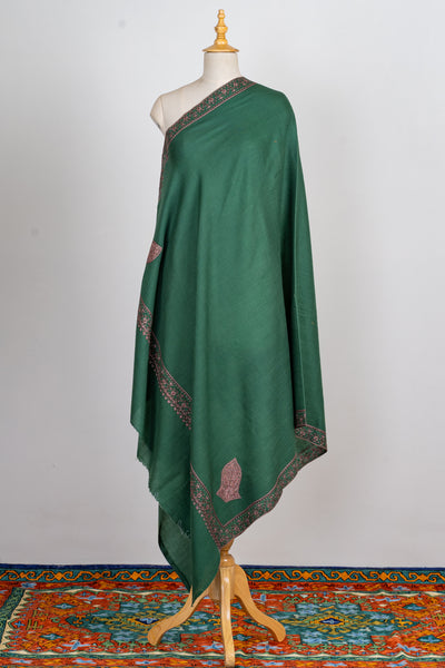 Emerald Bliss: Sozni Hand-Embroidered Merino Wool Shawl