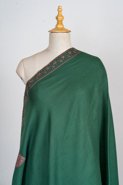 Emerald Bliss: Sozni Hand-Embroidered Merino Wool Shawl