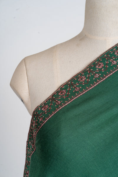 Emerald Bliss: Sozni Hand-Embroidered Merino Wool Shawl