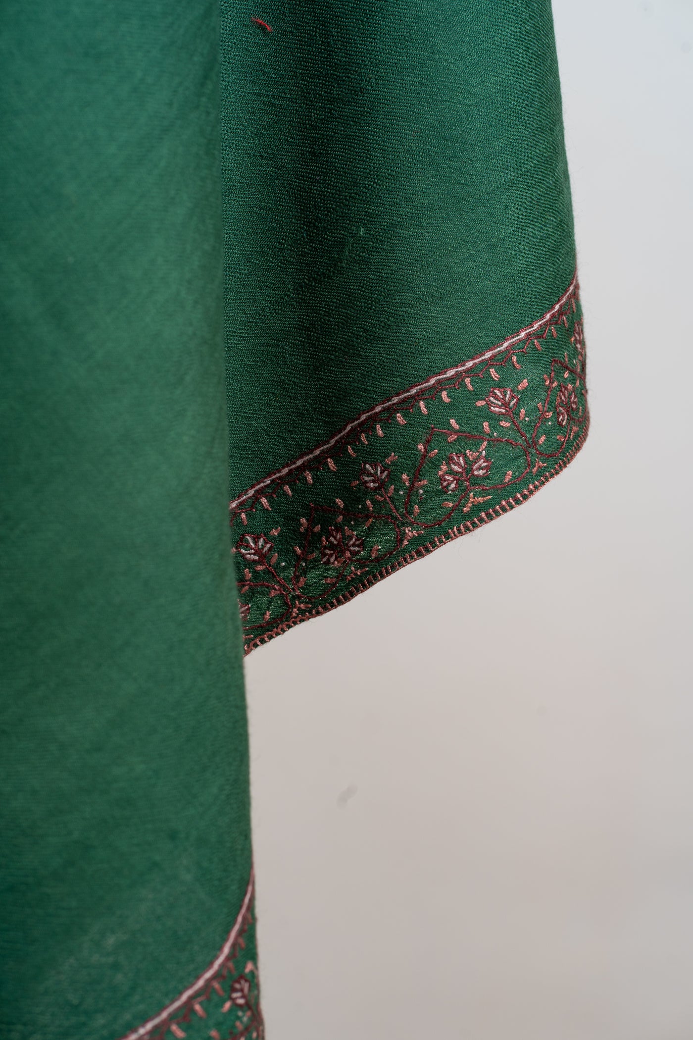 Emerald Bliss: Sozni Hand-Embroidered Merino Wool Shawl