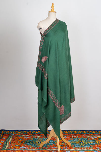 Emerald Bliss: Sozni Hand-Embroidered Merino Wool Shawl