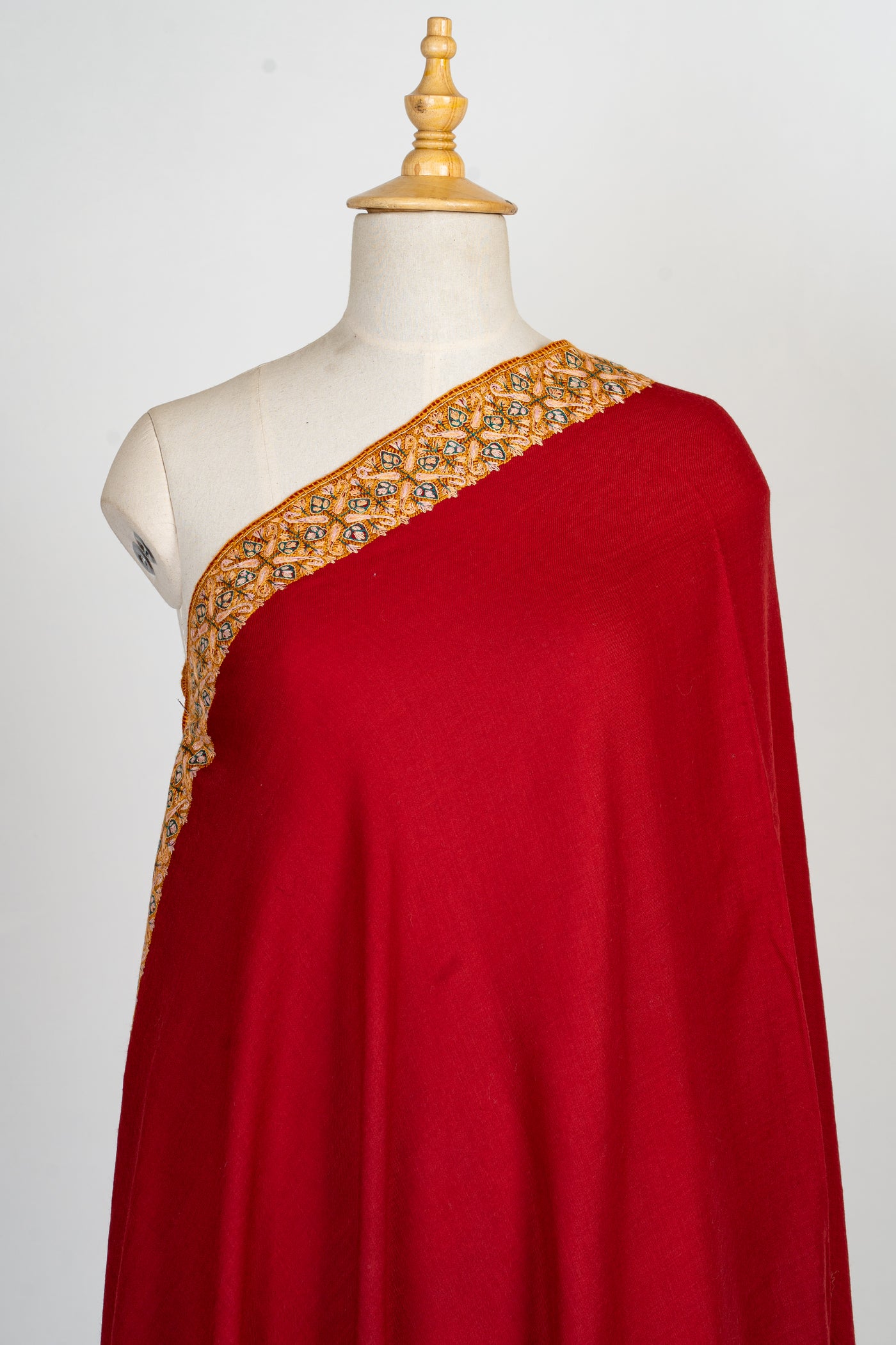 Crimson Royalty: Hand-Embroidered Sozni Border Merino Wool Shawl