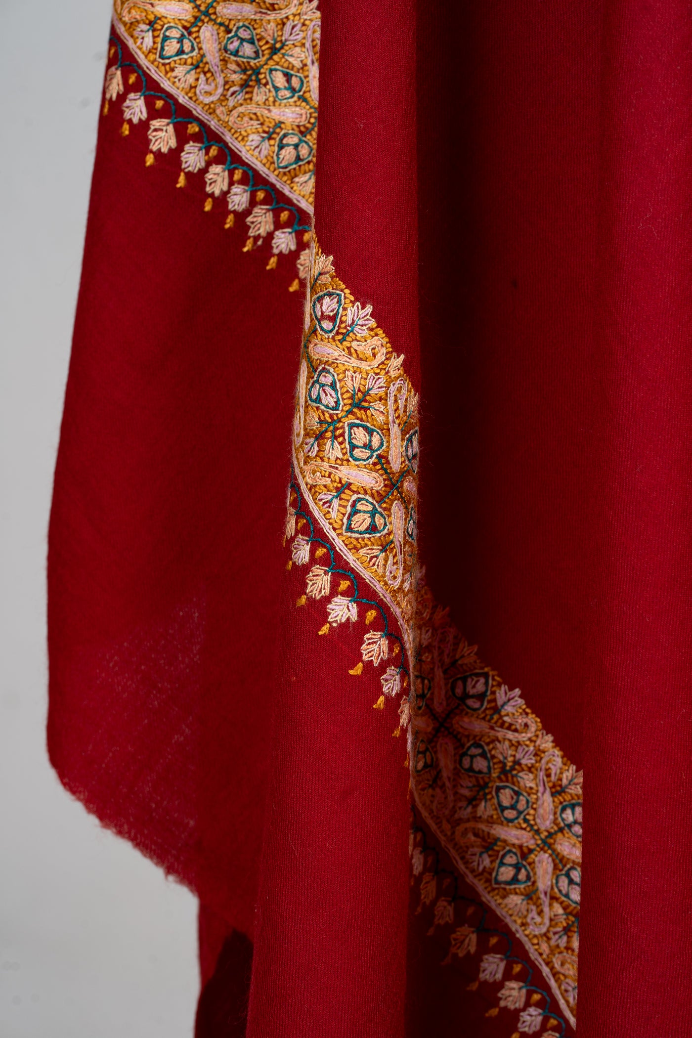 Crimson Royalty: Hand-Embroidered Sozni Border Merino Wool Shawl