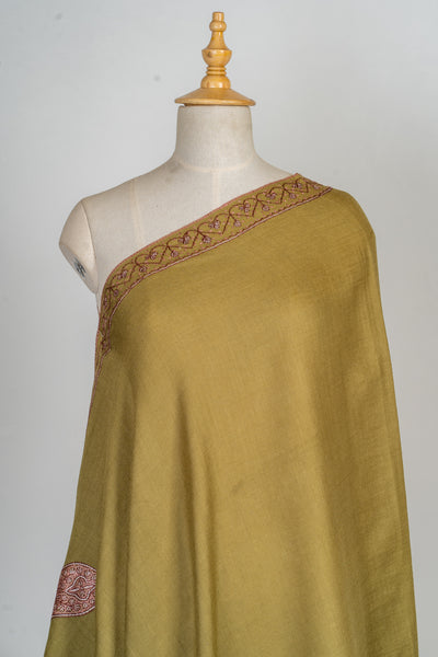 Olive Charm Hand-Embroidered Sozni Merino Wool Shawl