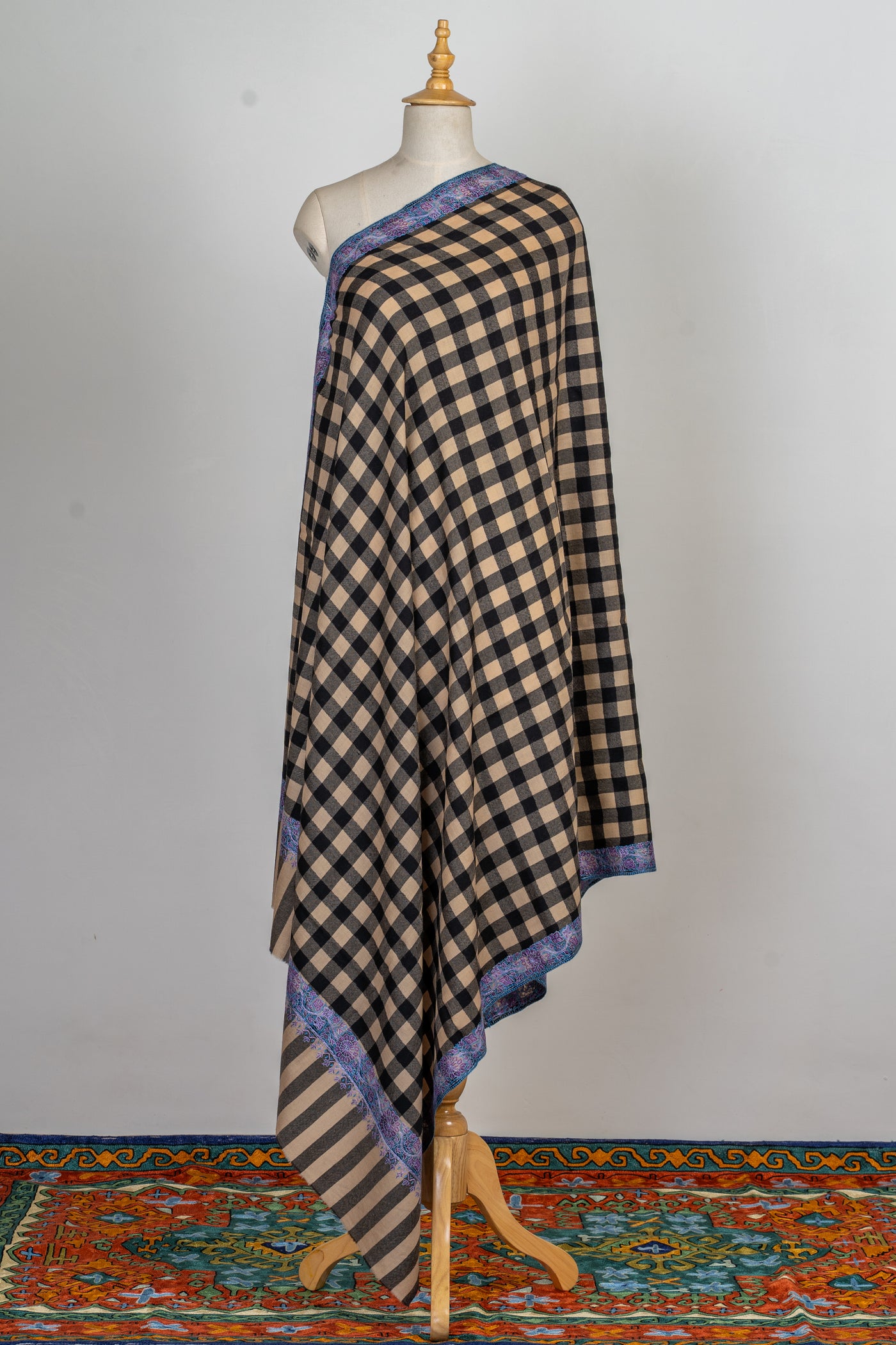 Classic Checks Hand-Embroidered Sozni Merino Wool Wrap