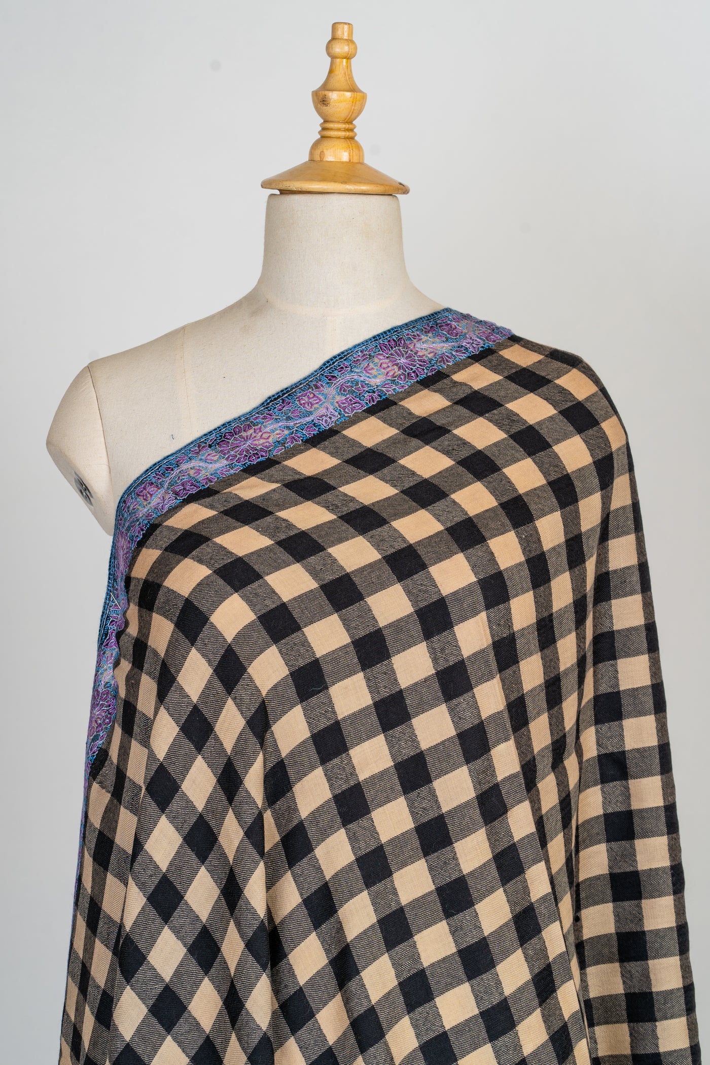 Classic Checks Hand-Embroidered Sozni Merino Wool Wrap