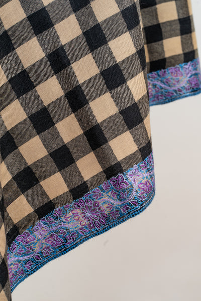 Classic Checks Hand-Embroidered Sozni Merino Wool Wrap