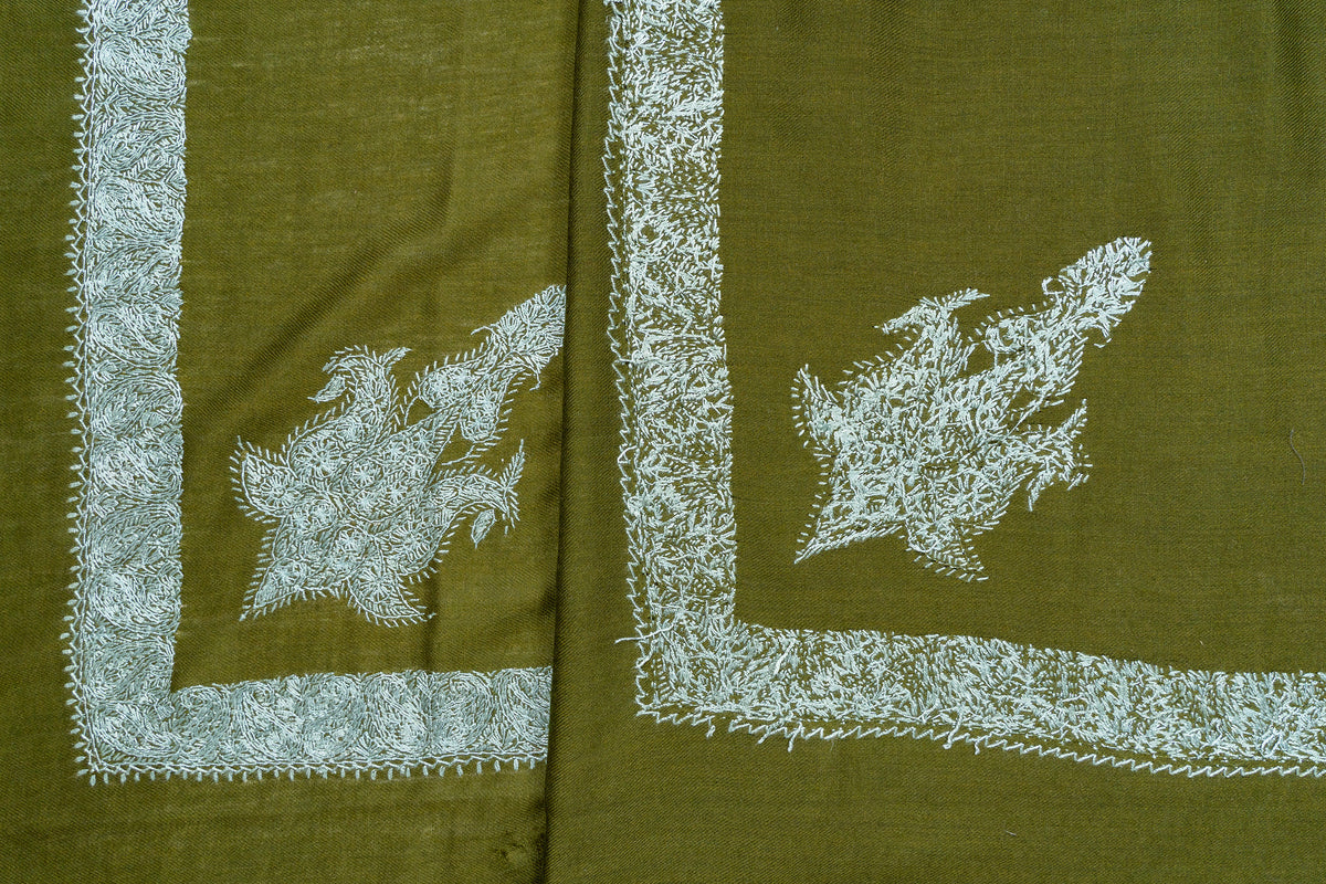 Folded olive-green rumal showing the front and reverse of pale blue Sozni corner paisleys and narrow leafy borders