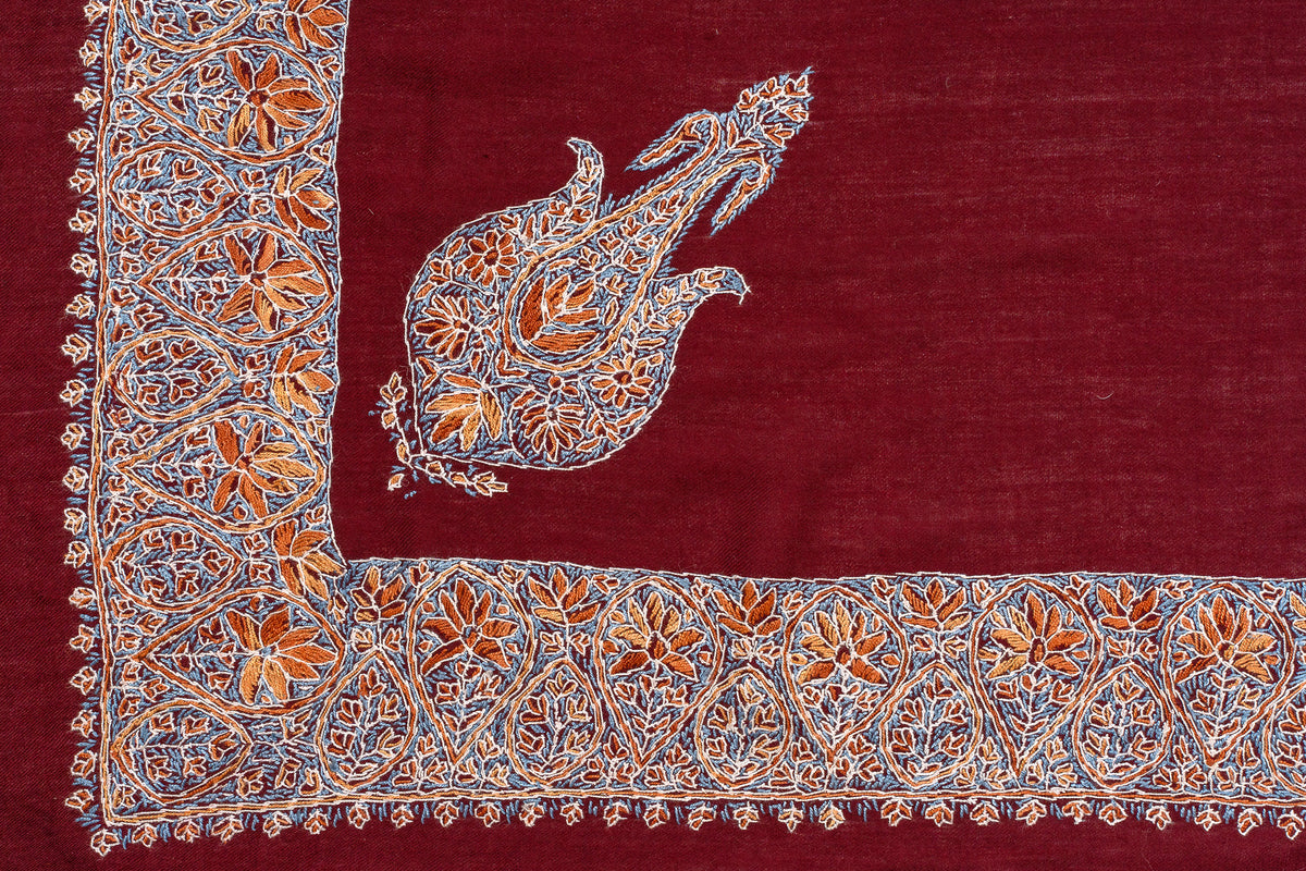 Crimson rumal corner with a separate orange, ivory and pale blue Sozni paisley inside a broad floral border