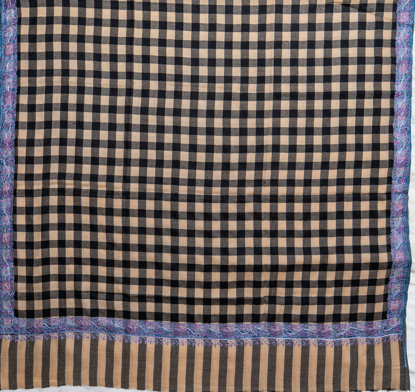 Classic Checks Hand-Embroidered Sozni Merino Wool Wrap