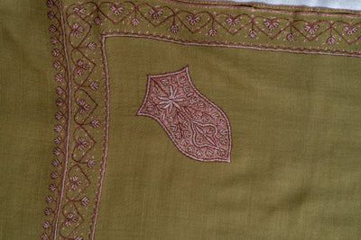 Olive Charm Hand-Embroidered Sozni Merino Wool Shawl