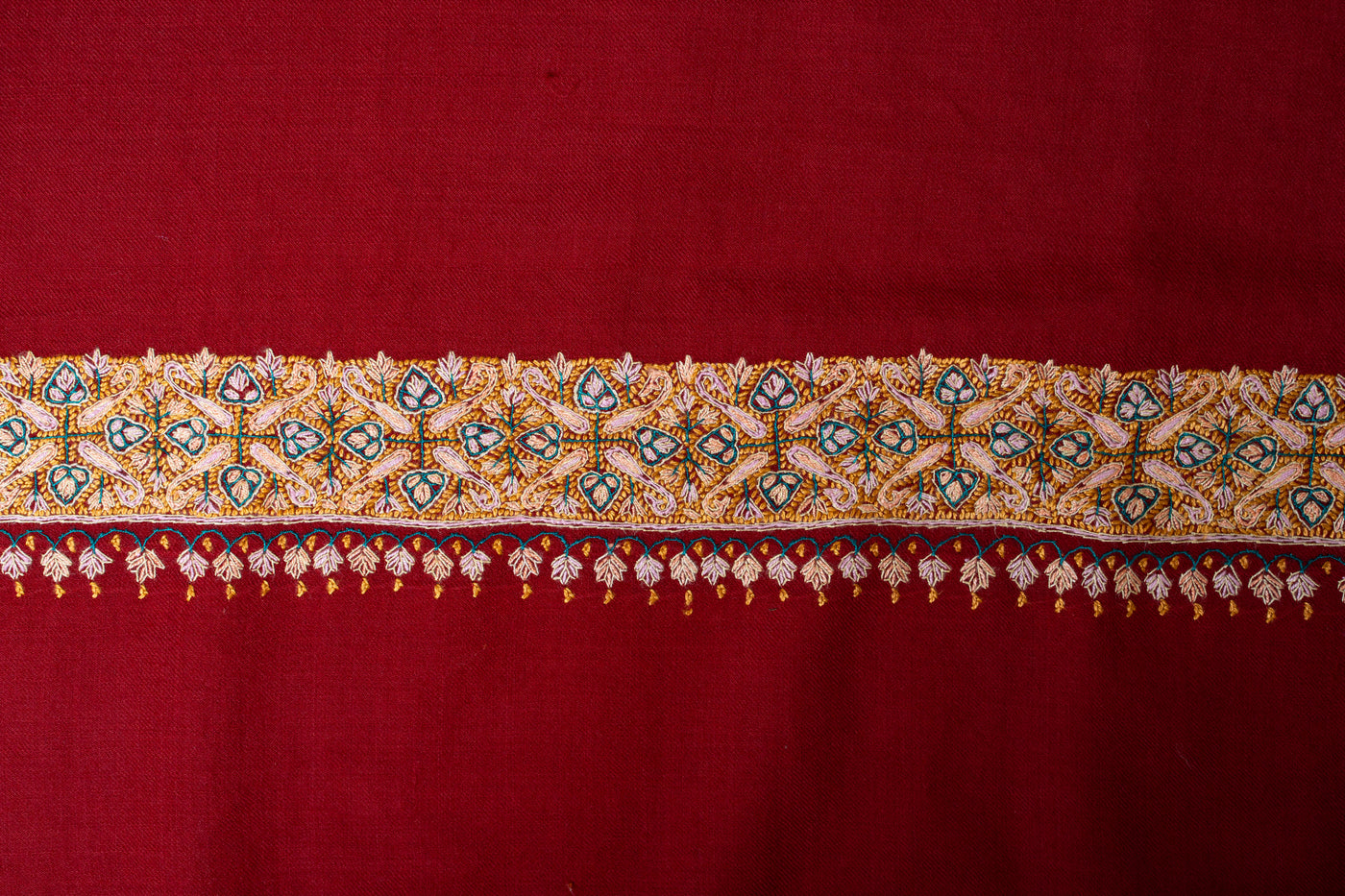 Crimson Royalty: Hand-Embroidered Sozni Border Merino Wool Shawl