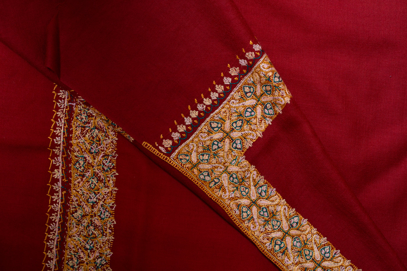 Crimson Royalty: Hand-Embroidered Sozni Border Merino Wool Shawl