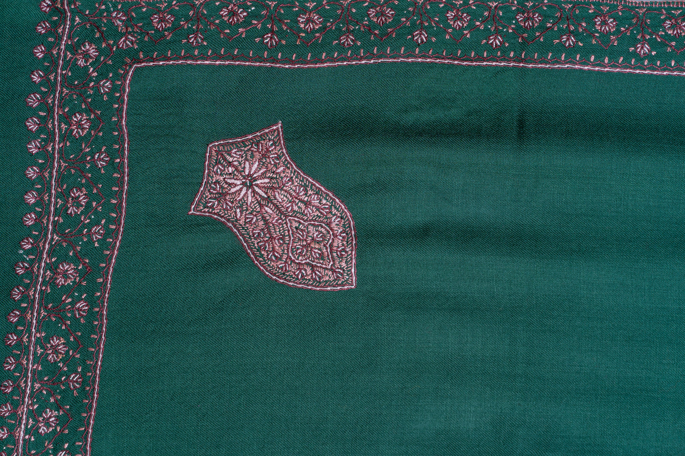 Emerald Bliss: Sozni Hand-Embroidered Merino Wool Shawl