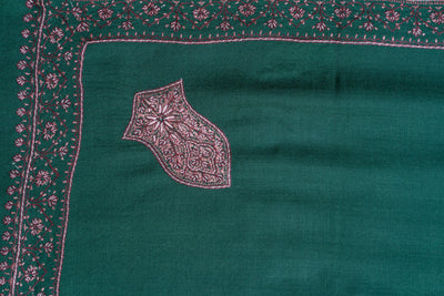 Emerald Bliss: Sozni Hand-Embroidered Merino Wool Shawl